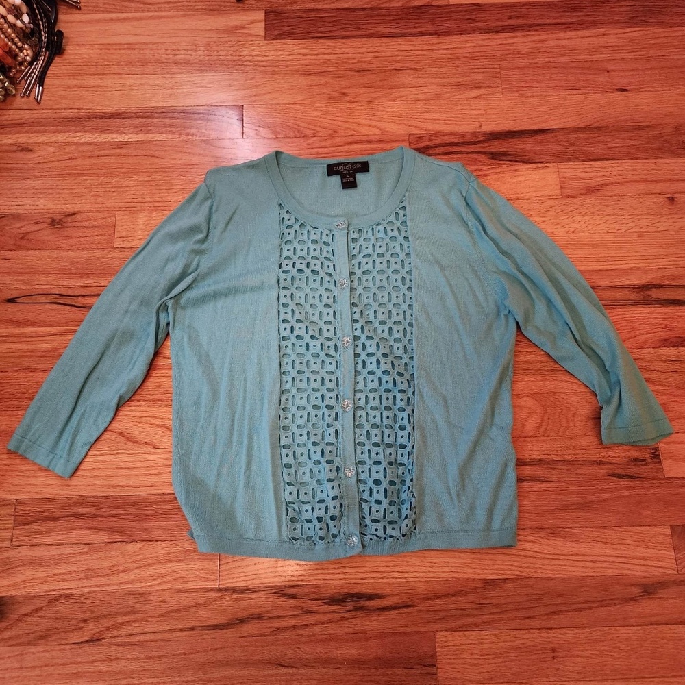 August Silk Petite Eyelet 3/4 Sleeve Button Up Sweater PL